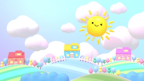 Looped Animation Cute Smiling Sun Winking Eye Effect Cartoon Houses — Vídeos de Stock