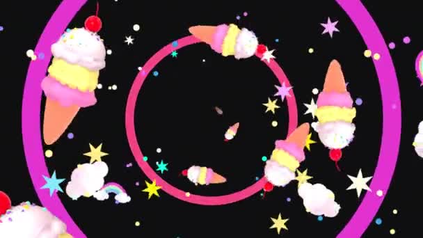 Looped Cartoon Scoops Ice Cream Rainbow Clouds Pattern Background Motion — Wideo stockowe