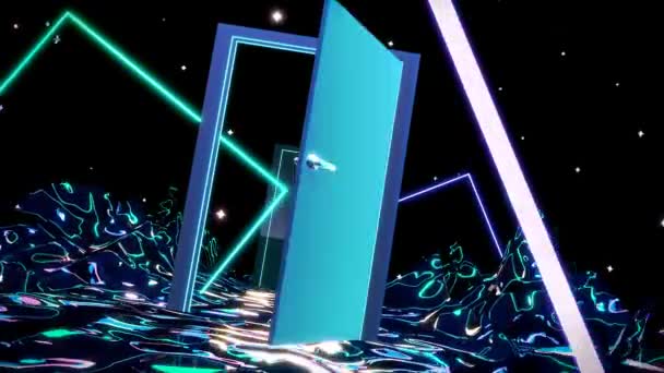 Looped Neon Sci Landscape Glowing Tubes Opening Doors Animation — Stockvideo