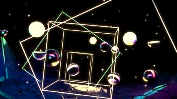 Looped Neon Sci Landscape Floating Spheres Glowing Tubes Animation — 图库视频影像