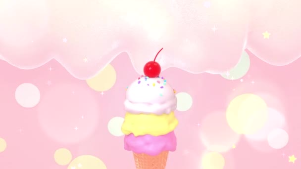 Looped Scoops Ice Cream Colorful Sprinkles Cherry Top Animation — Stok Video