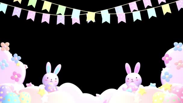 Looped Frame Cute Bunnies Holding Easter Eggs Beautiful Flowers Pastel — Stockvideo