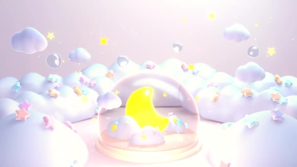 Looped Cartoon Moon Crystal Ball Pastel Stars Clouds Glowing Sparkles — Stockvideo