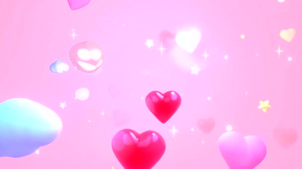 Looped Cartoon Hearts Stars Pink Sky Animation — ストック動画