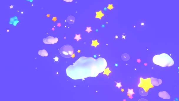 Looped Cartoon Glowing Stars White Clouds Bubbles Purple Sky Animation — Wideo stockowe