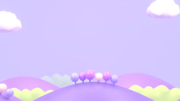Looped Cartoon Mountain Landscape Trees White Clouds Purple Sky Animation — Video