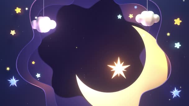 Looped Hanging Clouds Glowing Stars Yellow Crescent Moon Animation — Vídeo de Stock