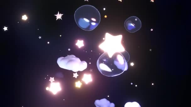 Looped Cartoon Glowing Stars Clouds Bubbles Sky Night — ストック動画