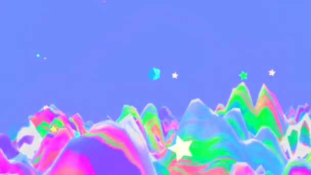 Looped Abstract Rainbow Wave Mountain World Colorful Neon Icospheres Stars — Vídeo de stock