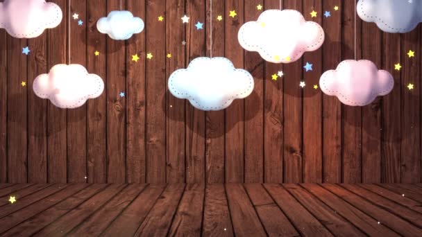 Looped Hanging Fabric Clouds Craft Stars Brown Wooden Texture Background — Vídeo de Stock
