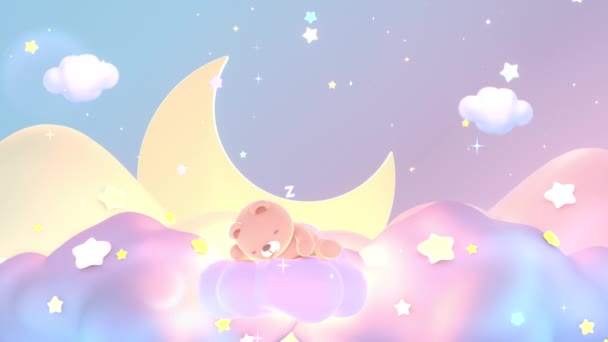 Looped Cute Little Bear Sleeping Soft Pastel Pink Clouds Cartoon — 图库视频影像