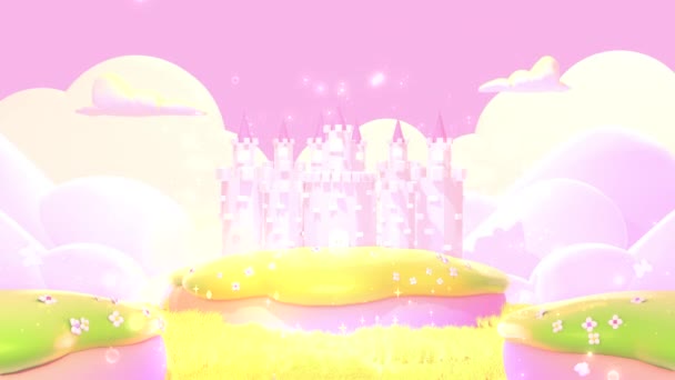 Looped Beautiful Cartoon Pink Castle Scene Magic Glowing Lights Butterflies — 图库视频影像