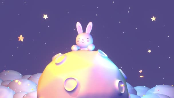 Looped Animation Cartoon Cute Little Bunnies Resting Moon Animation — 图库视频影像