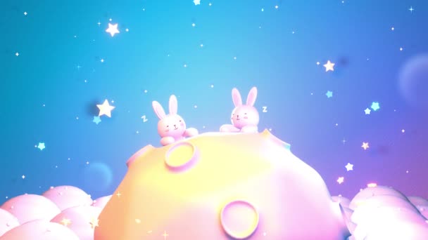Looped Animation Cartoon Cute Little Bunnies Resting Moon Comic Style — 图库视频影像