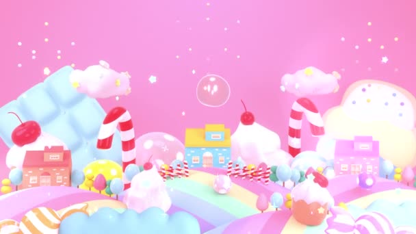 Looped Sweet Candy Land Cartoon Houses Candy Cane Fences Trees — Stockvideo
