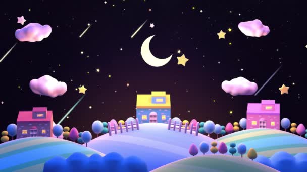 Looped Cartoon Houses Mountain Landscape Night Animation — ストック動画