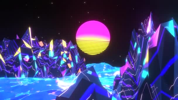 Looped 80S Retro Style Neon Mountain Landscape Ocean Waves Stars — Vídeo de stock