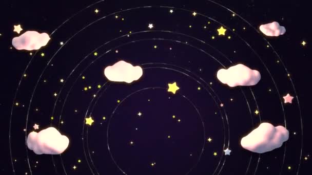 Looped Cartoon Glowing Yellow Stars White Clouds Circular Star Trails — ストック動画