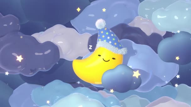 Looped Animation Cute Yellow Crescent Moon Smiley Face Wearing Nightcap — Wideo stockowe