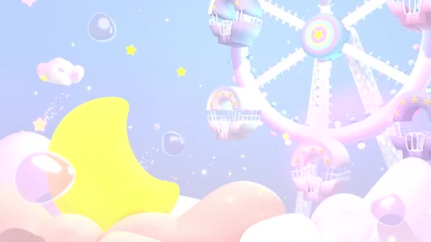 Looped Cartoon Magic Moon Land Pastel Ferris Wheel Night Animation — Vídeo de stock