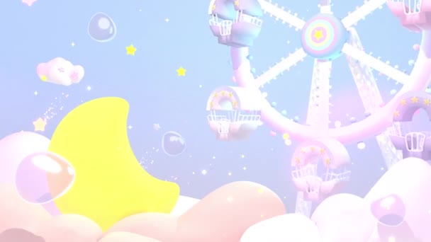 Looped Cartoon Magic Moon Land Pastel Ferris Wheel Night Animation — Vídeo de Stock