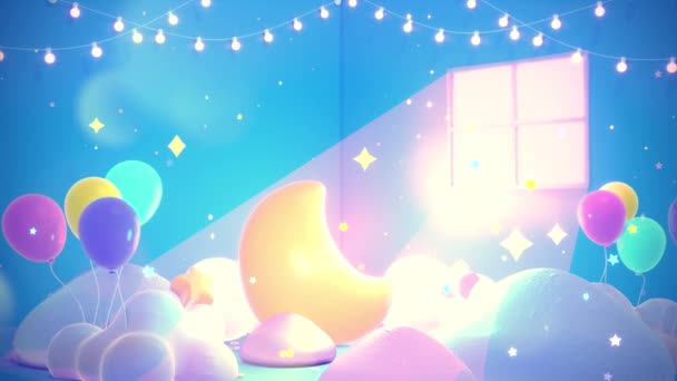 Looped Animation Cartoon Bedroom Yellow Crescent Moon Balloons Garland Light — Stok video