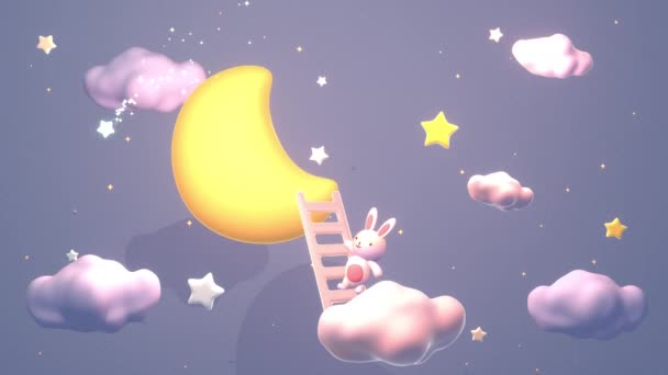 Looped Cartoon Cute Little Bunny Standing Ladder Watching Beautiful Shooting — Vídeo de Stock