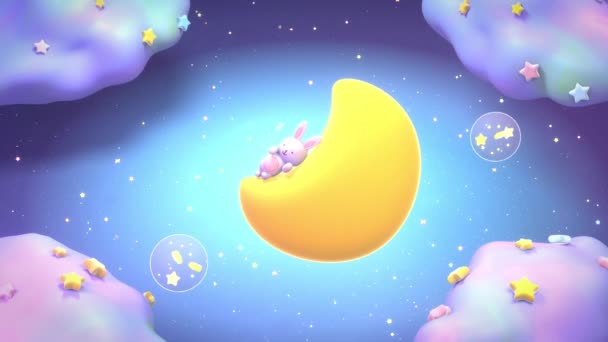 Looped Cute Little Bunny Sleeping Yellow Crescent Moon Cartoon Style — Stockvideo