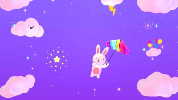 Зацикленный Милый Кролик Волшебным Радужным Зонтиком Летящим Фиолетовом Небе — стоковое видео
