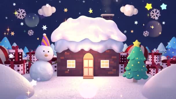 Looped Cartoon House Surrounded Snow Bouncing Funny Snowman Trees Pile — Wideo stockowe