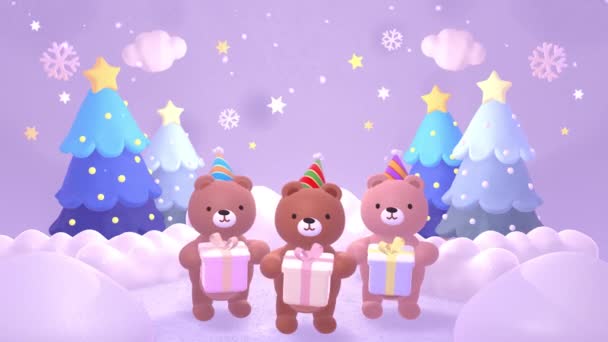 Looped Cute Three Little Bears Party Hat Holding Christmas Gifts — Stockvideo