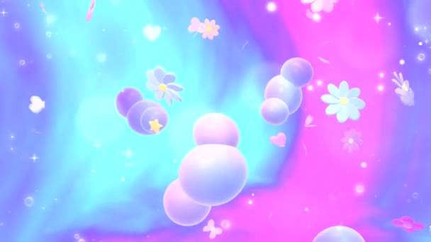 Looped Cartoon Magic Butterflies Flowers World Pastel Pink Purple Clouds — Vídeo de stock