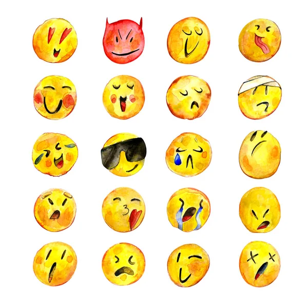 Een Set Van Aquarel Emoticons Emojis Van Reactie Een Witte — Stockfoto