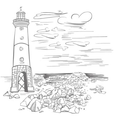 Lighthouse on the shore of a rocky island. Lighthouse in retro style sketch clipart