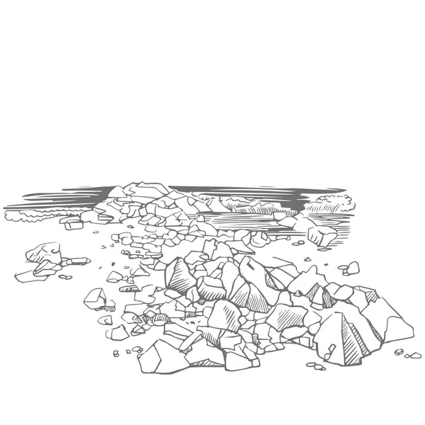 Skica Pobřeží Mořského Kamene Skalnatý Povrch Pláž Kameny Bílém Pozadí Royalty Free Stock Ilustrace