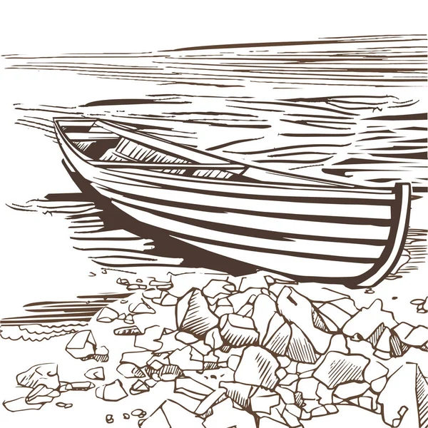Ξύλινο Σκάφος Στην Όχθη Του Ποταμού Σκίτσο Θέα Της Βραχώδους Εικονογράφηση Αρχείου