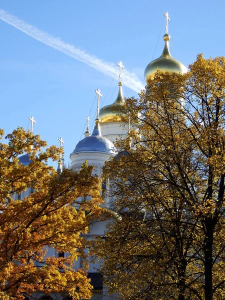 Переднем Плане Желтые Листья Дающие Крест Золотое Голубой Купол Смешивается — стоковое фото