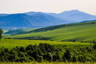 Dağları ve mavi gökyüzü olan güzel bir manzara.
