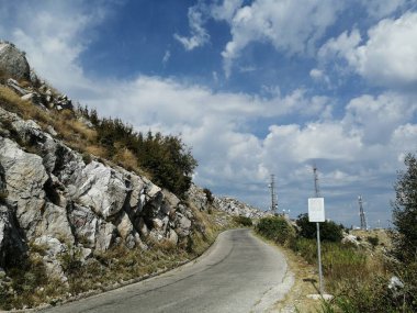 Ormandaki yol ve dağ, resimli manzara..