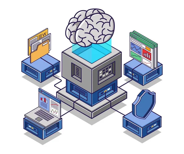 Flat Isometric Concept Illustration Artificial Intelligence Network Enterprise Business Analysis — Stock Vector