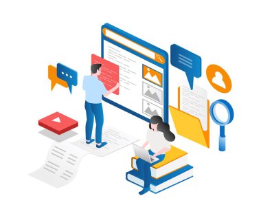 The concept of an isometric illustration of the development team is compiling a website and blogger article