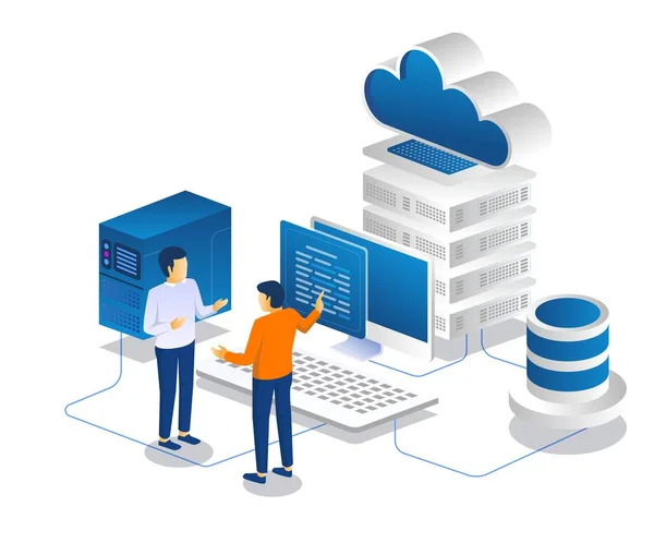 Two Men Having Discussion Cloud Server Data — Vetor de Stock