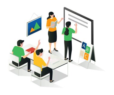 Öğretmen sınıfta öğrencilere öğretiyor.