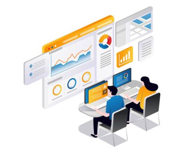 Bir çift merkezi monitörde şirket verilerini analiz ediyor.