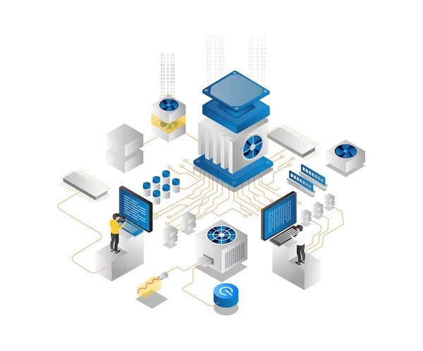 Isometric Illustration Concept Team Programmers Network Server Computer Processor — Διανυσματικό Αρχείο