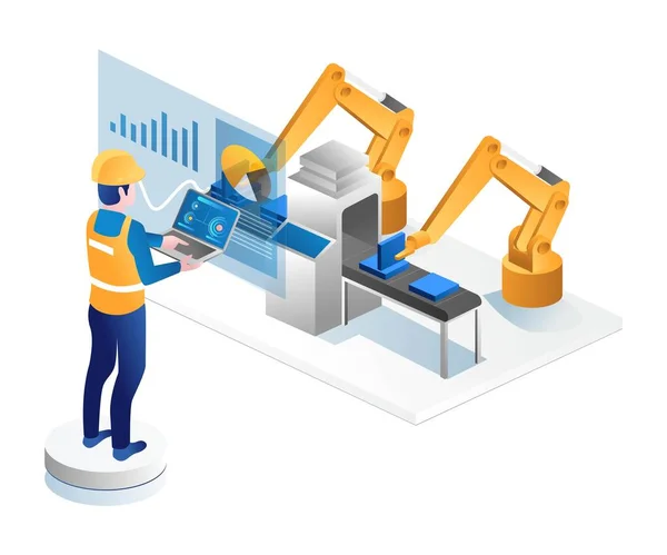 Hombre Controlando Robot Fábrica Con Portátil — Vector de stock