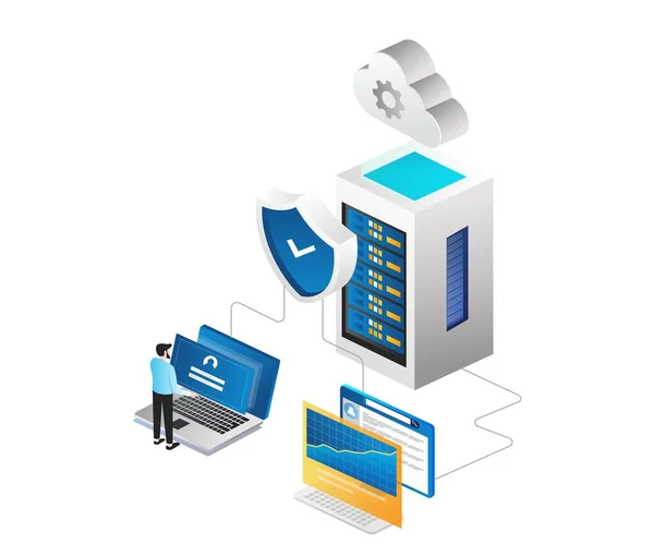 Man controlling computer security and cloud server