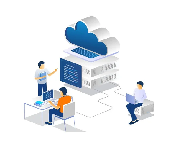 Team Discussing Cloud Server — Stok Vektör