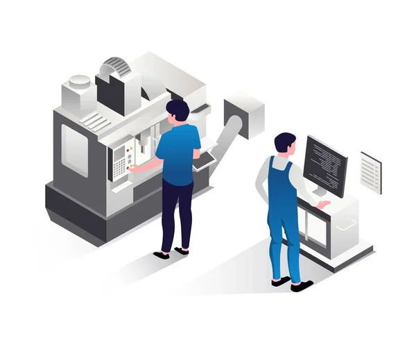 Ilustración Isométrica Concepto Cnc Operador Máquina Programador — Archivo Imágenes Vectoriales