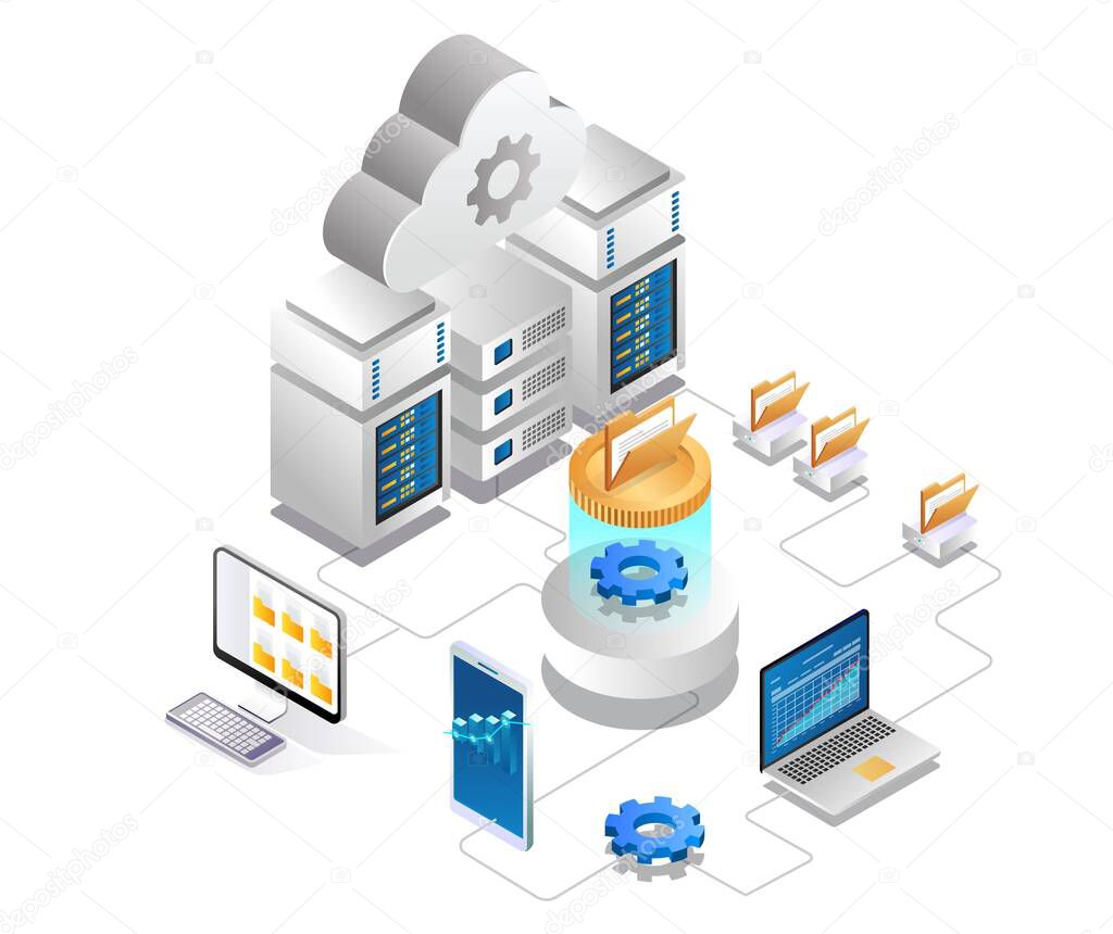 Isometric illustration concept of cloud server data analysis engine